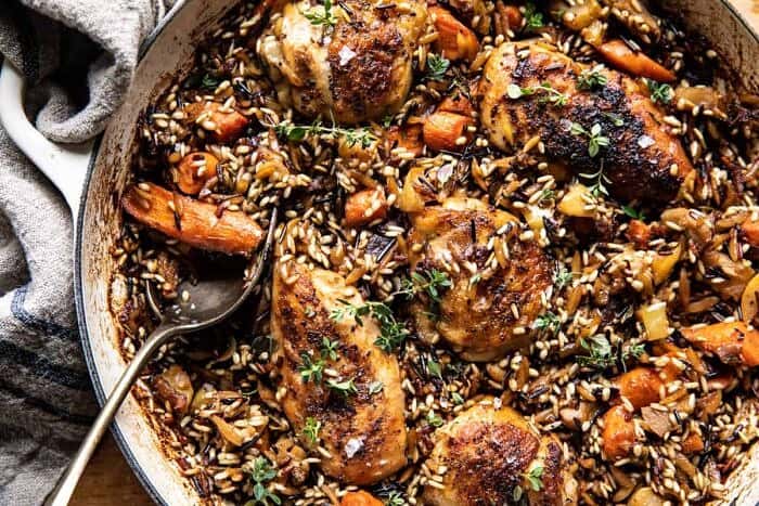 overhead close up horizontal photo of One Pot Lemon Rosemary Dijon Chicken and Butter Toasted Rice Pilaf 