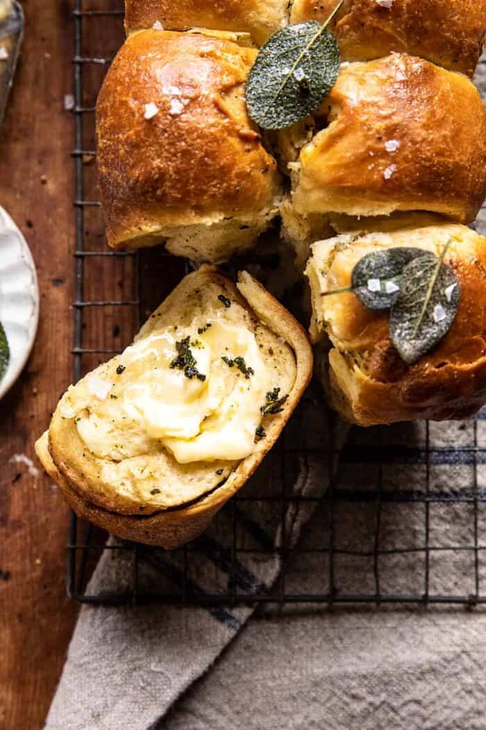 overhead close up photo of Pull Apart Parmesan Sage Butter Brioche Rolls