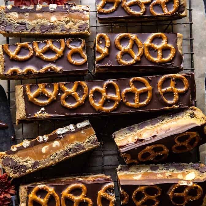 Salted Pretzel Chocolate Chip Cookie Snickers Bars | halfbakehavrest.com