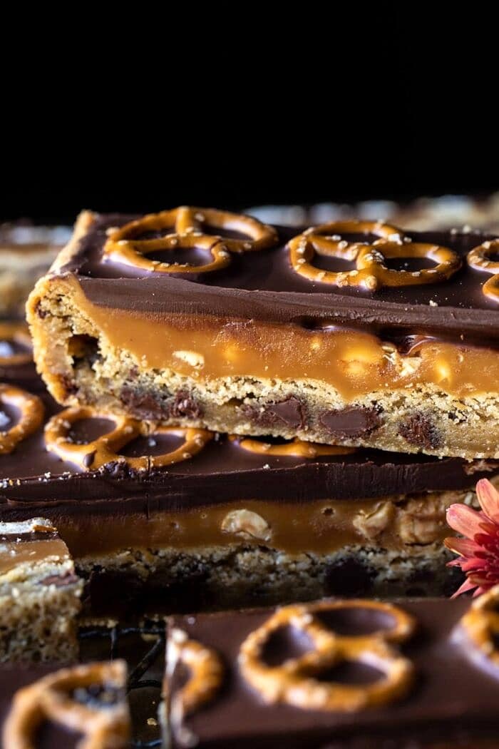 side angled photo of up photo of Salted Pretzel Chocolate Chip Cookie Snickers Bars