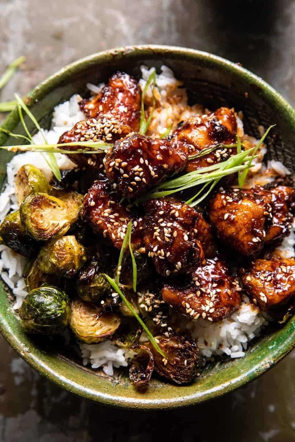Sheet Pan Sticky Ginger Sesame Chicken and Crispy Brussels Sprouts