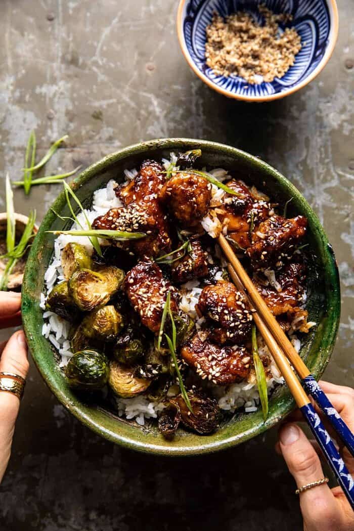 overhead photo of Sheet Pan Sticky Ginger Sesame Chicken and Crispy Brussels Sprouts