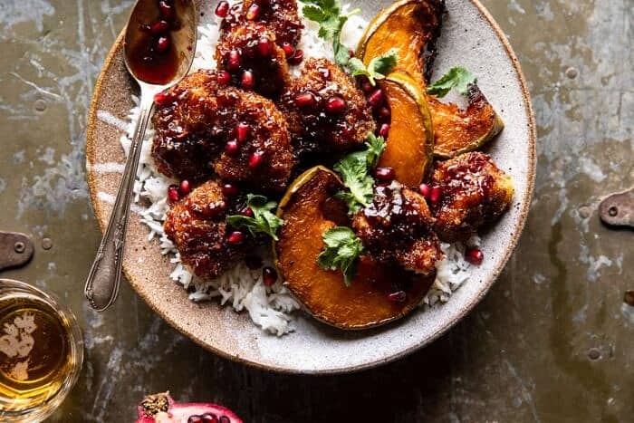 overhead horizontal photo of Sheet Pan Sticky Thai Pomegranate Chicken and Honey Roasted Squash 