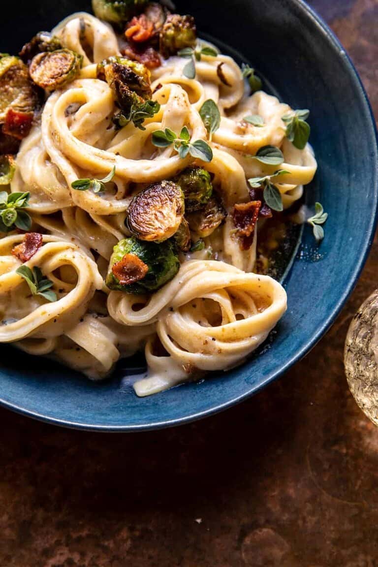 Brown Butter Brussels Sprout and Bacon Fettuccine Alfredo. Half Baked