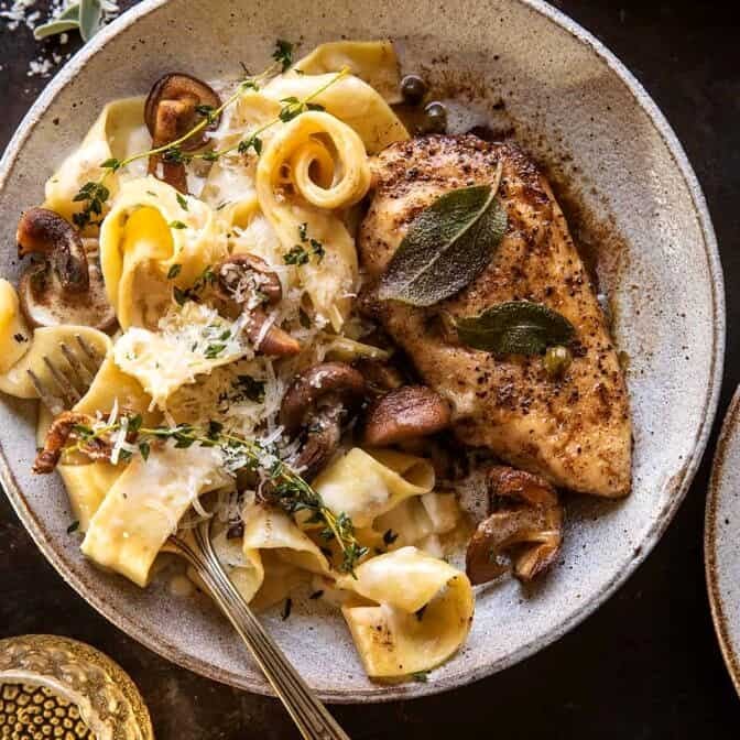 Browned Sage Butter Chicken Piccata with Mushroom Pasta | halfbakedharvest.com