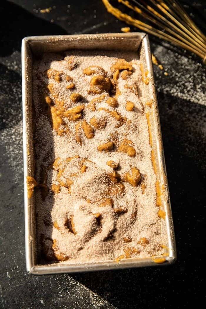 overhead photo of Cinnamon Swirl Chocolate Chip Pumpkin Butter Bread before baking 