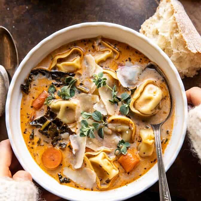 Healthier Slow Cooker Creamy Tortellini Vegetable Soup | halfbakedharvest.com