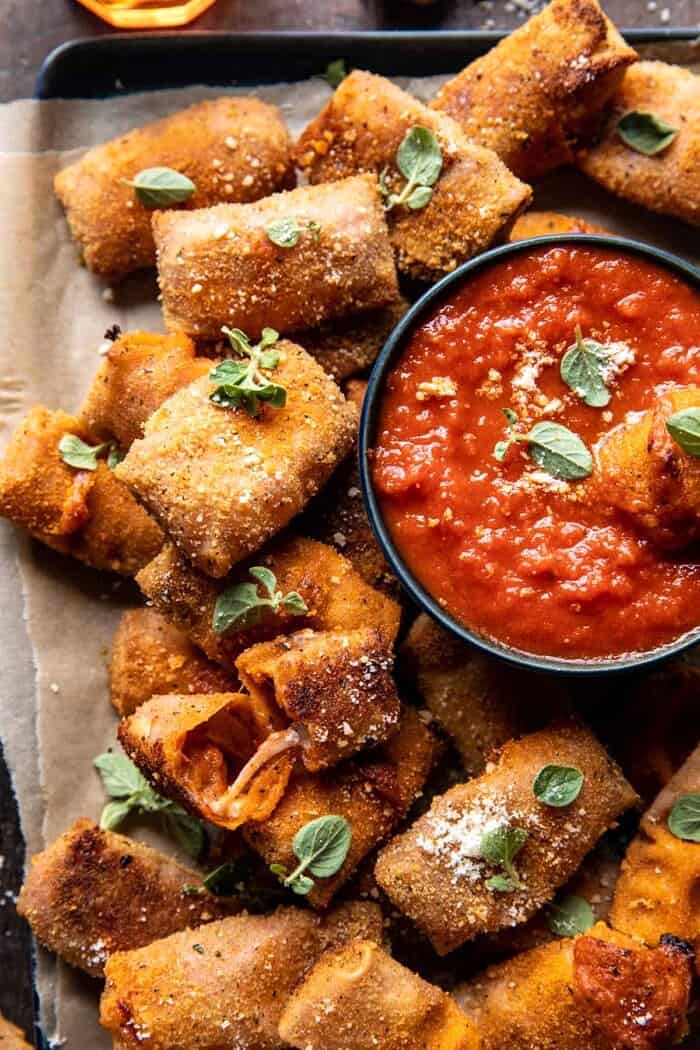 overhead close up photo of Homemade Cheesy Pizza Rolls