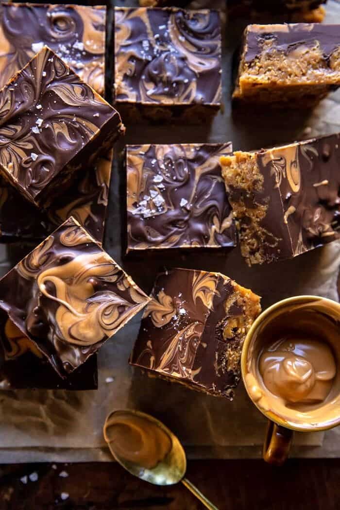 overhead close up photo of Swirled Chocolate Butterscotch Bars 