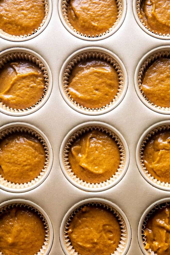 overhead photo of Vanilla Chai Pumpkin Latte Cupcake batter before baking 
