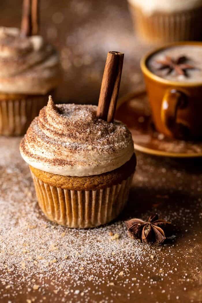 side angled photo Vanilla Chai Pumpkin Latte Cupcakes with Cinnamon Brown Sugar Frosting 