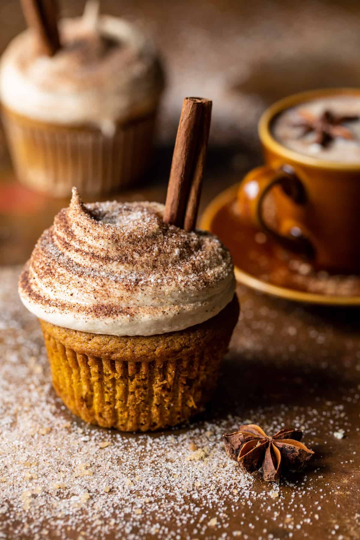 Vanilla Chai Pumpkin Latte Cupcakes with Cinnamon Brown Sugar Frosting. Half Baked Harvest