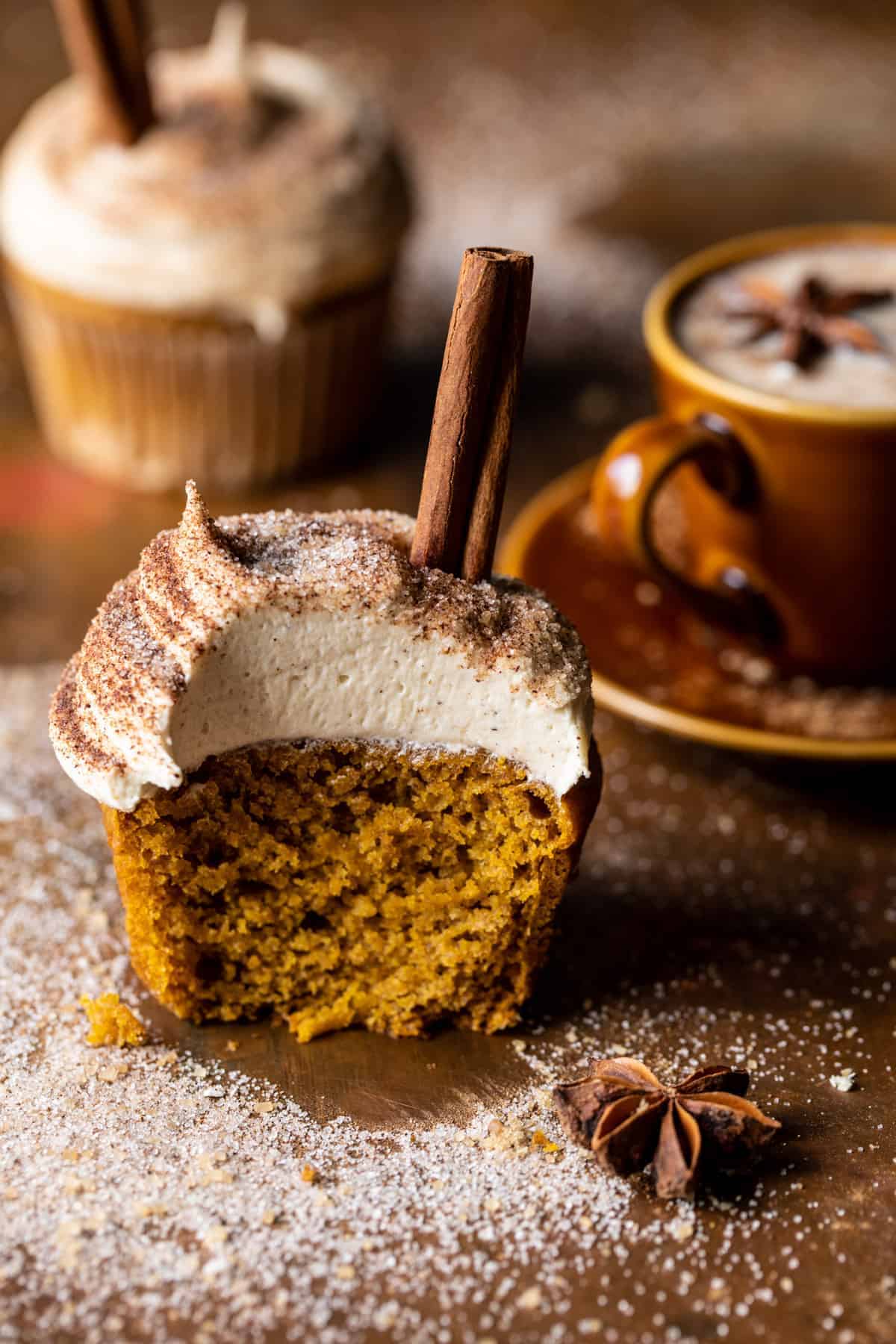 Vanilla Chai Pumpkin Latte Cupcakes with Cinnamon Brown Sugar Frosting | halfbakedhavest.com
