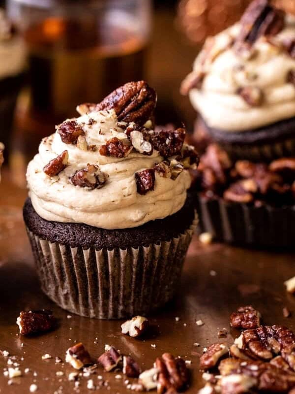 Chocolate Bourbon Pecan Pie Cupcakes with Butter Pecan Frosting | halfbakedharvest.com