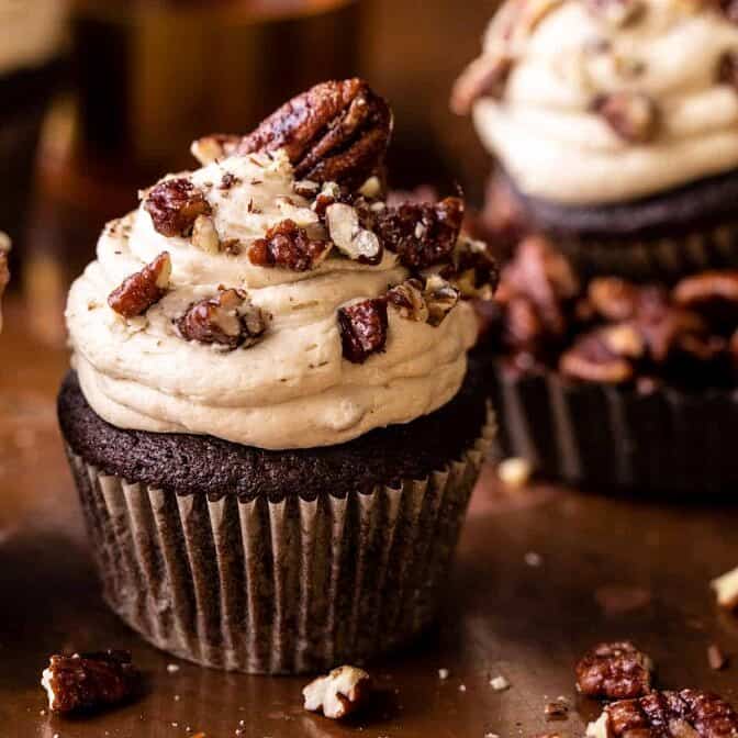 Chocolate Bourbon Pecan Pie Cupcakes with Butter Pecan Frosting | halfbakedharvest.com