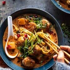 Creamy Coconut Chicken Meatball and Noodle Curry | halfbakedharvest.com