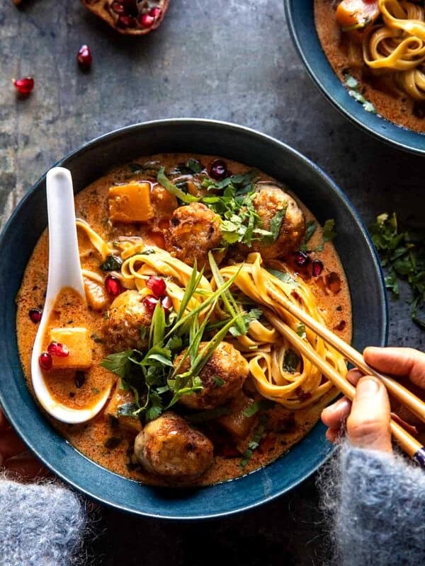 Creamy Coconut Chicken Meatball and Noodle Curry | halfbakedharvest.com