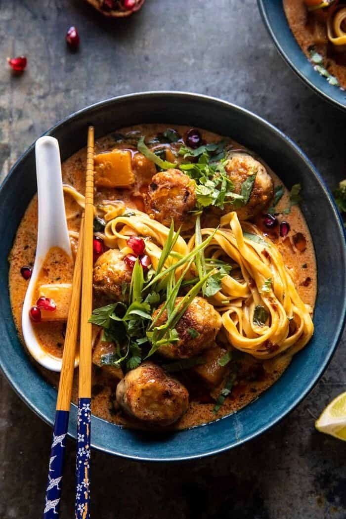 overhead close up photo of Creamy Coconut Chicken Meatball and Noodle Currym