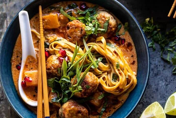 overhead horizontal photo of Creamy Coconut Chicken Meatball and Noodle Curry 