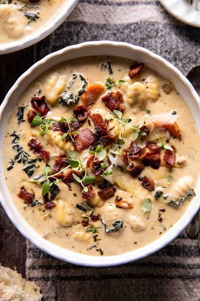 overhead close up photo of Creamy Gnocchi Soup with Rosemary Bacon