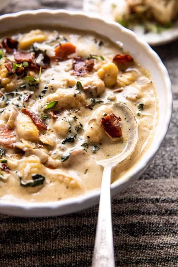 side angled photo of Creamy Gnocchi Soup with Rosemary Bacon 