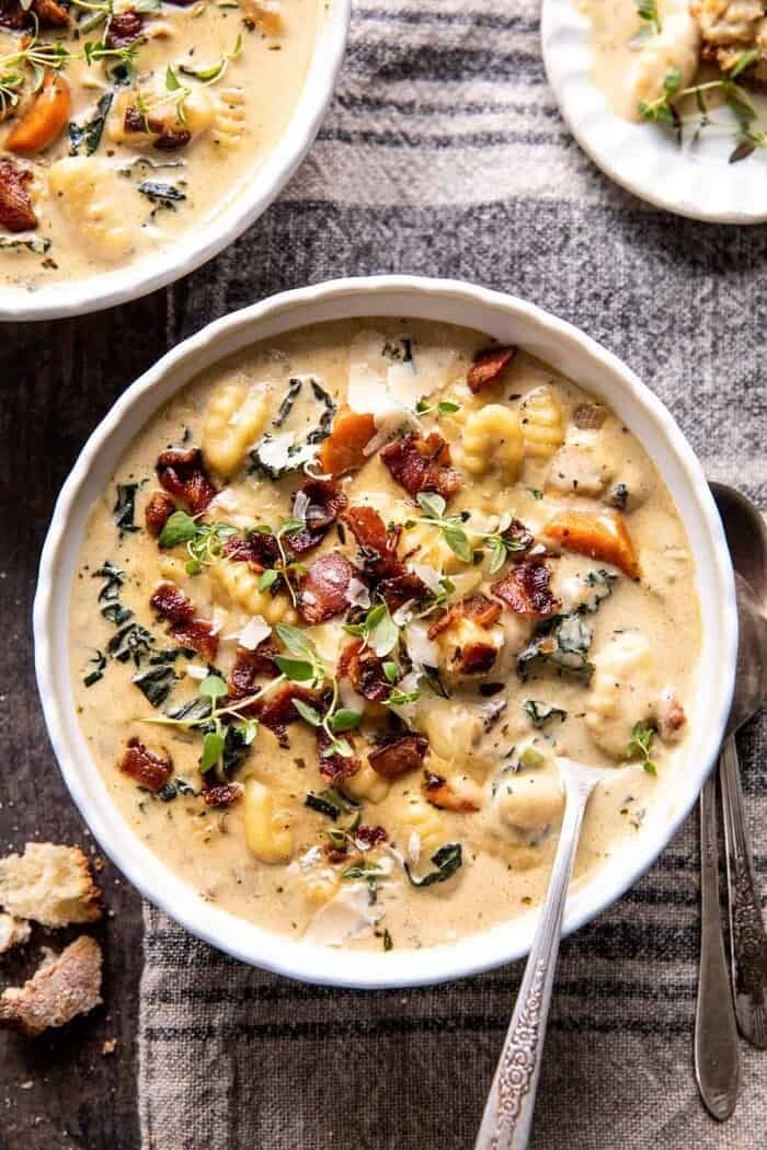 overhead photo of Creamy Gnocchi Soup with Rosemary Bacon