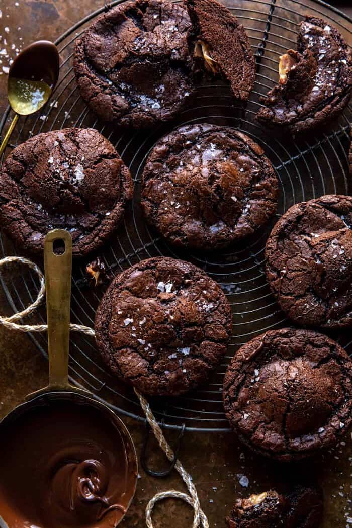 overhead photo of Crinkly Caramel Stuffed Brownie Cookies 