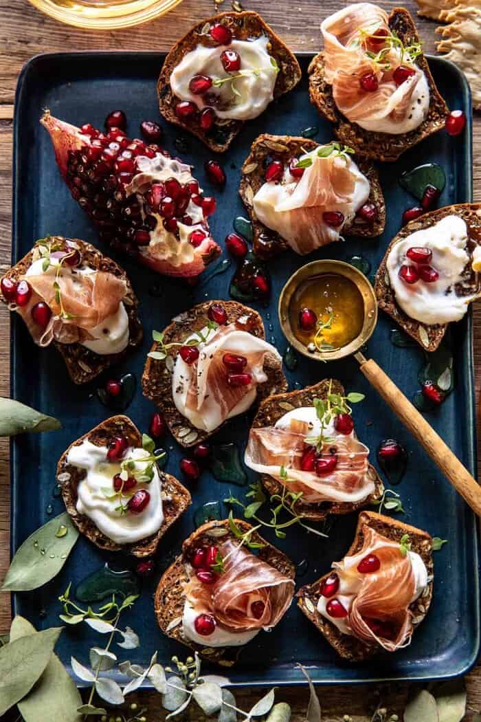 overhead photo of Honey Whipped Ricotta and Prosciutto Crackers
