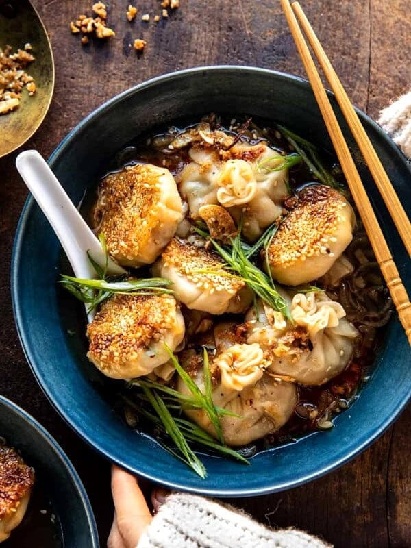 Sesame Chicken Dumplings in Spicy Broth with Garlic Crisps | halfbakedharvest.com