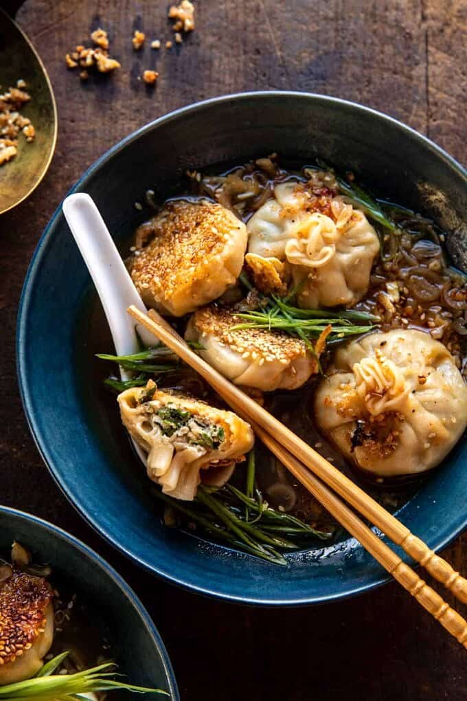 Sesame Chicken Dumplings in Spicy Broth with Garlic Crisps. Half