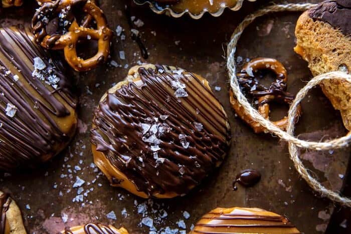 overhead horizontal photo of Slice n’ Bake Bourbon Caramel Pretzel Cookies