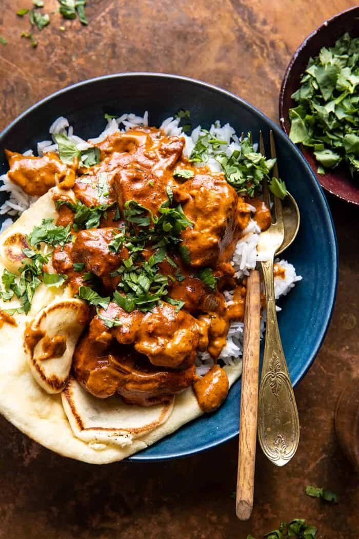overhead close up photo of 30 Minute Spicy Indian Butter Chicken 