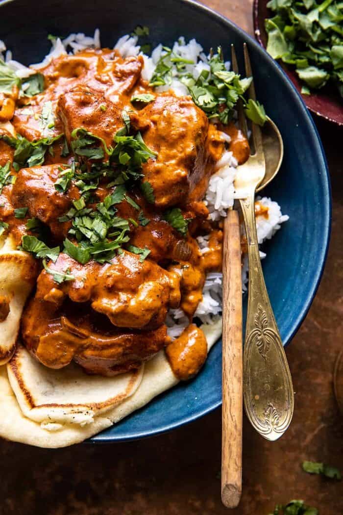 overhead close up photo of 30 Minute Spicy Indian Butter Chicken