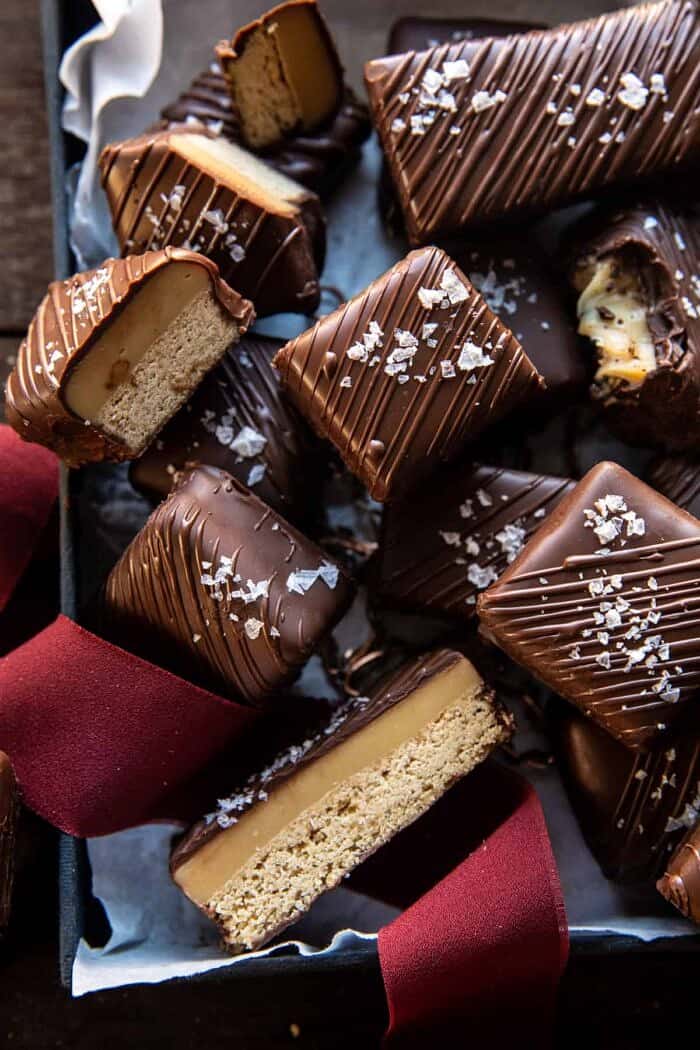 overhead close up photo of Chocolate Covered Brown Butter Millionaire’s Bars 