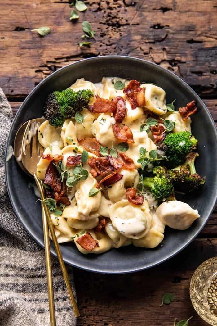 overhead photo of Creamy Bacon Tortellini with Charred Broccoli 