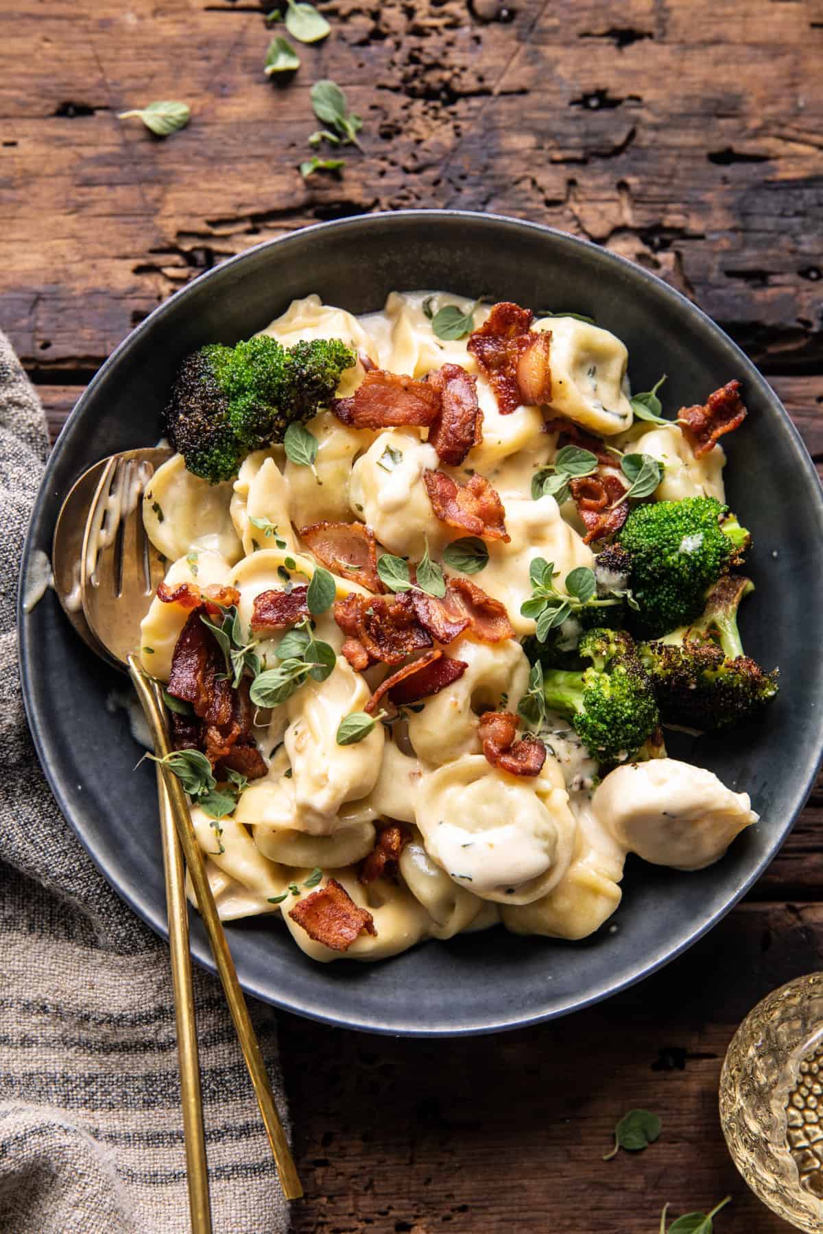 Creamy Bacon Tortellini with Charred Broccoli.