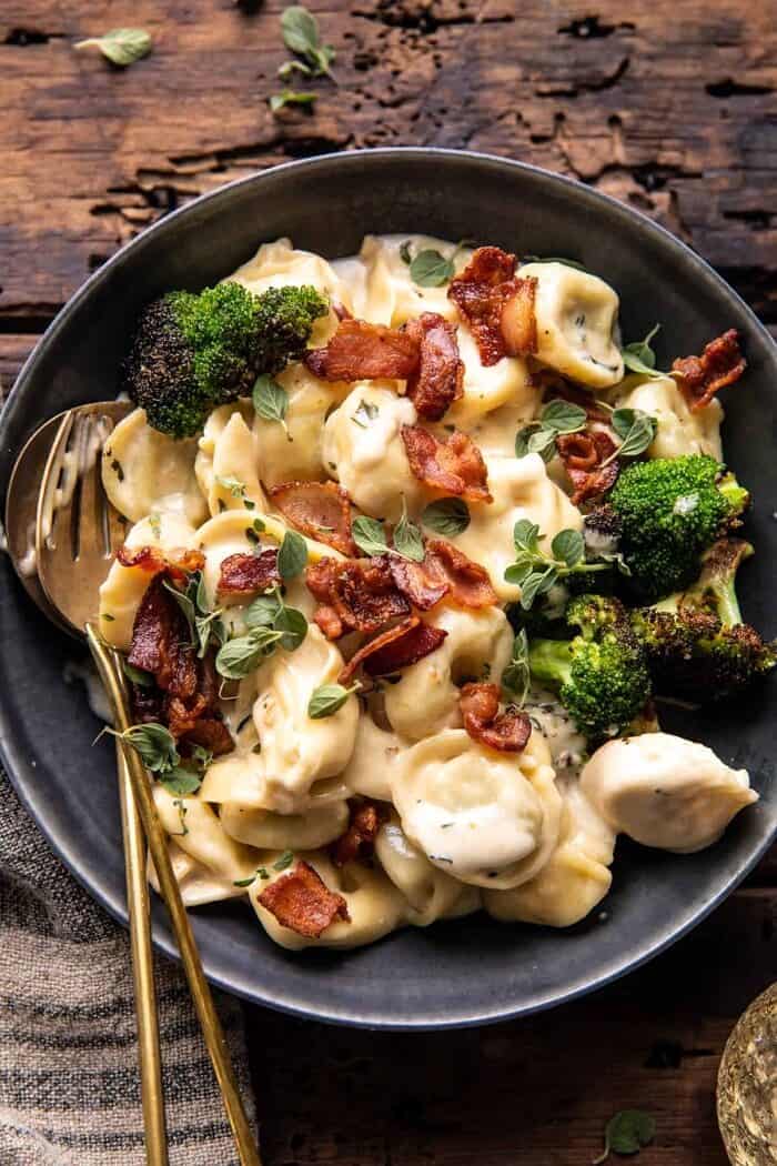 overhead close up photo of Creamy Bacon Tortellini with Charred Broccoli 