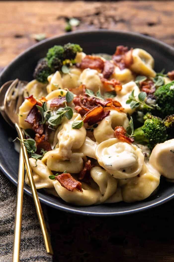 side angled photo of Creamy Bacon Tortellini with Charred Broccoli