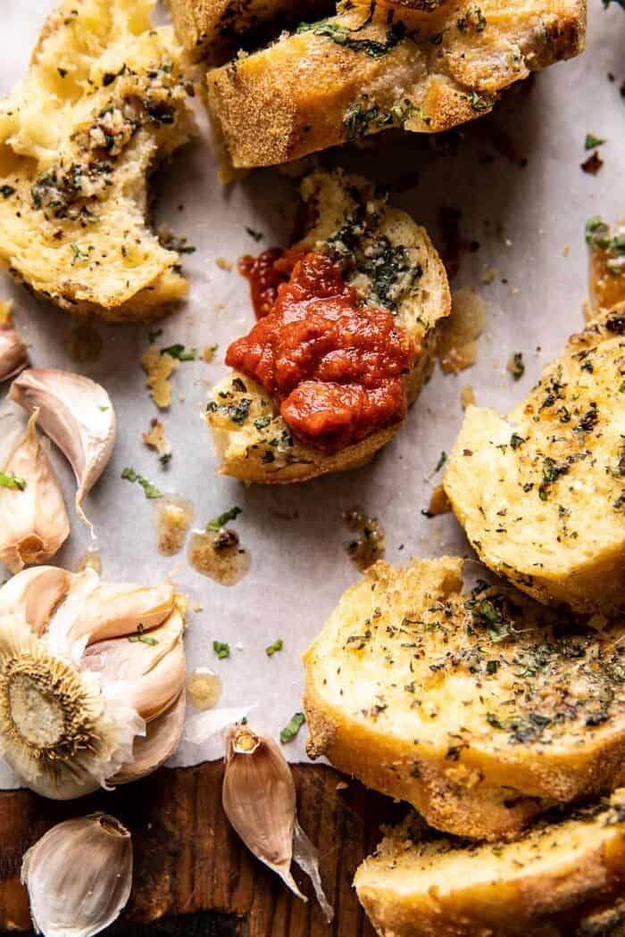 Easy Pull Apart Garlic Parmesan Bread with marinara sauce