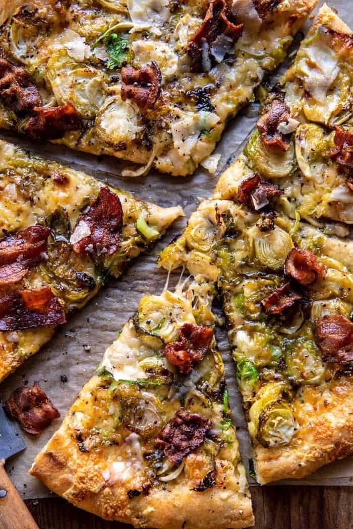 overhead close up photo of Shredded Brussels Sprout and Bacon Pizza