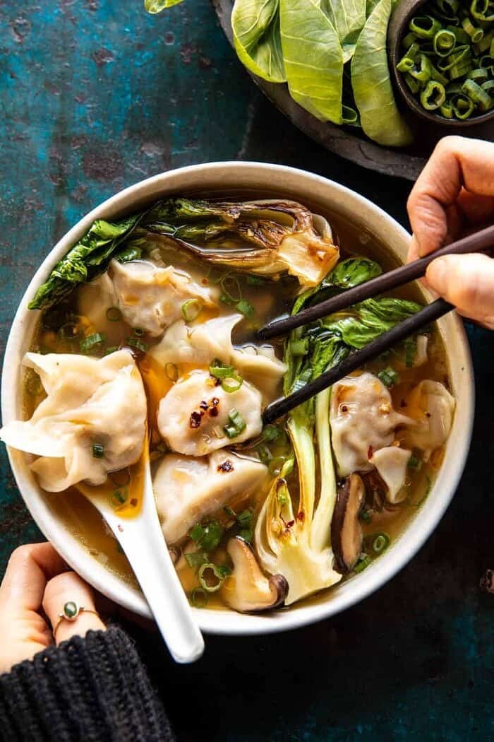 overhead photo of 25 Minute Wonton Soup with Sesame Chili Oil
