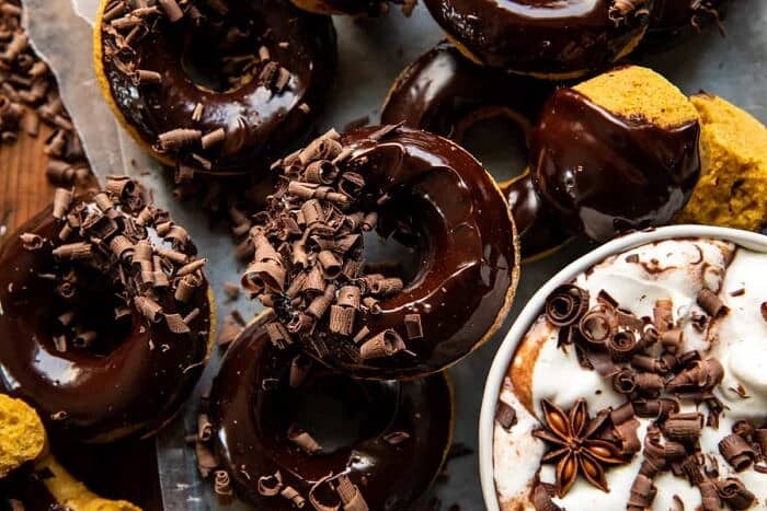overhead horizontal photo of Baked Hot Chocolate Doughnuts 