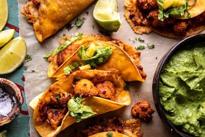 overhead horizontal photo of Crispy Cauliflower Tinga Tacos 