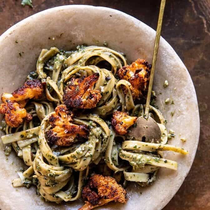 Crispy Roasted Cauliflower with Creamy Pesto Pasta | halfbakedharvest.com