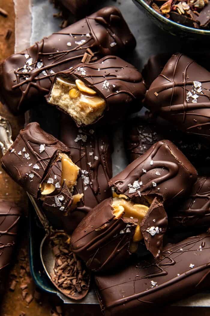 overhead close up photo of Easy Homemade Vegan Snickers