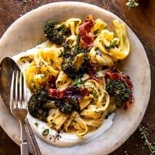 Roasted Broccoli Pasta Carbonara with Crispy Prosciutto and Whipped Ricotta | halfbakedharvest.com