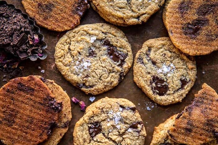 overhead photo of Salted Tahini Butter Chocolate Chip Cookies 
