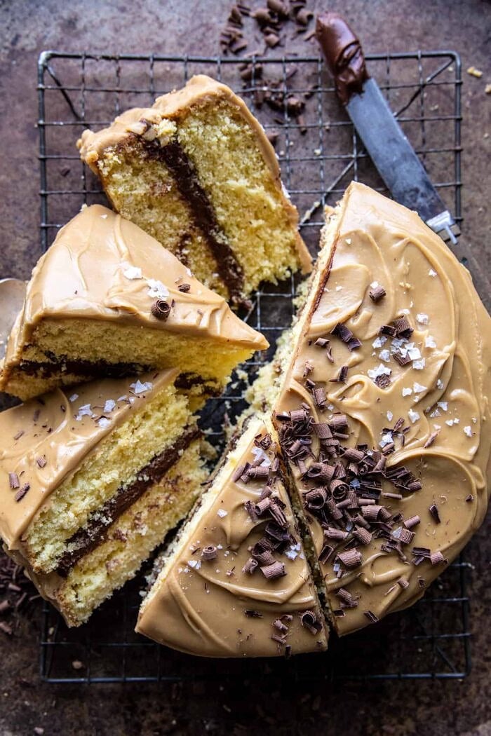 overhead photo of Caramel Butter Cake with Fudgy Chocolate Frosting