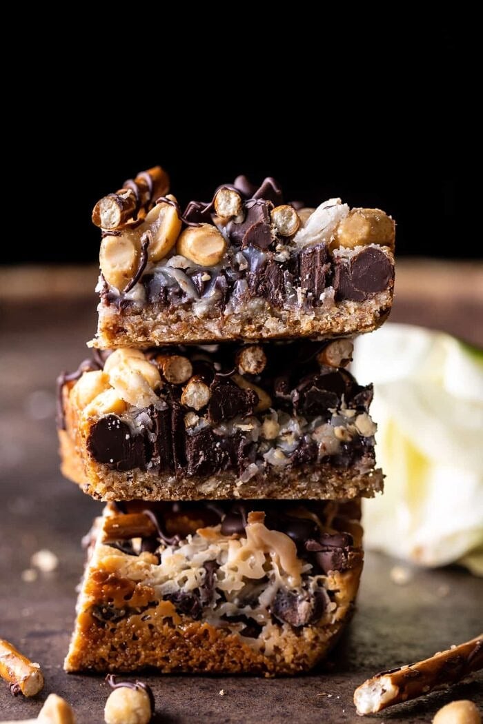 front on photo of Salted Pretzel Magic Bars 3 stack on top of each other