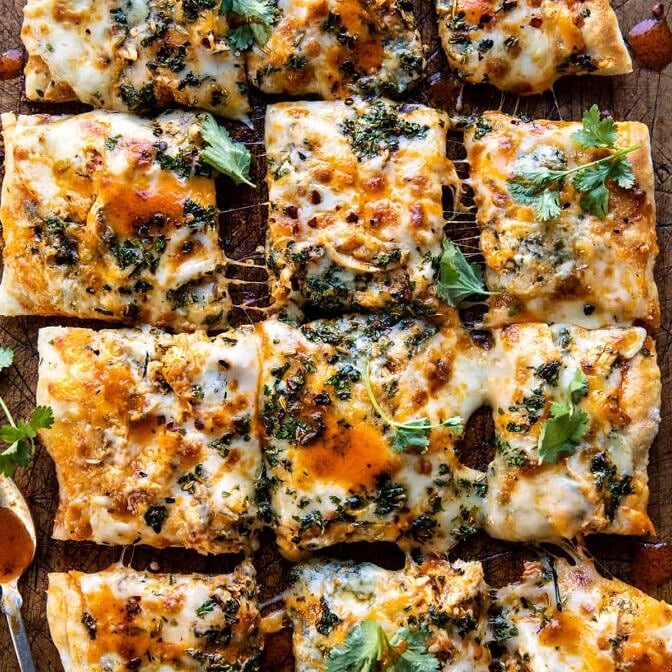 Sheet Pan Buffalo Chicken Pizza | halfbakedharvest.com